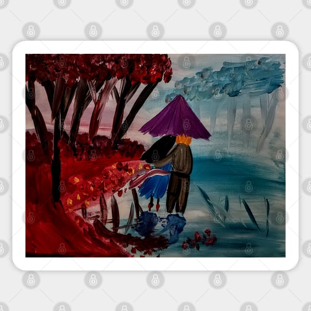 A couple having a walk in the rain under the umbrella in a park Sticker by kkartwork